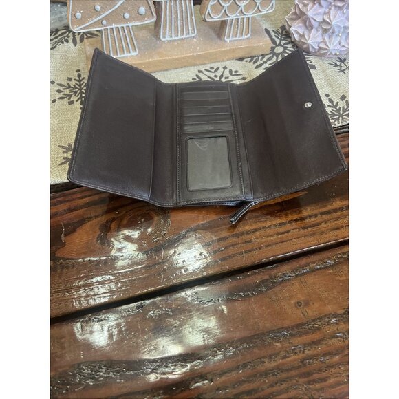 COACH Brown 8" Trifold Leather White Stitching Wallet Snap Closure - Picture 9 of 12